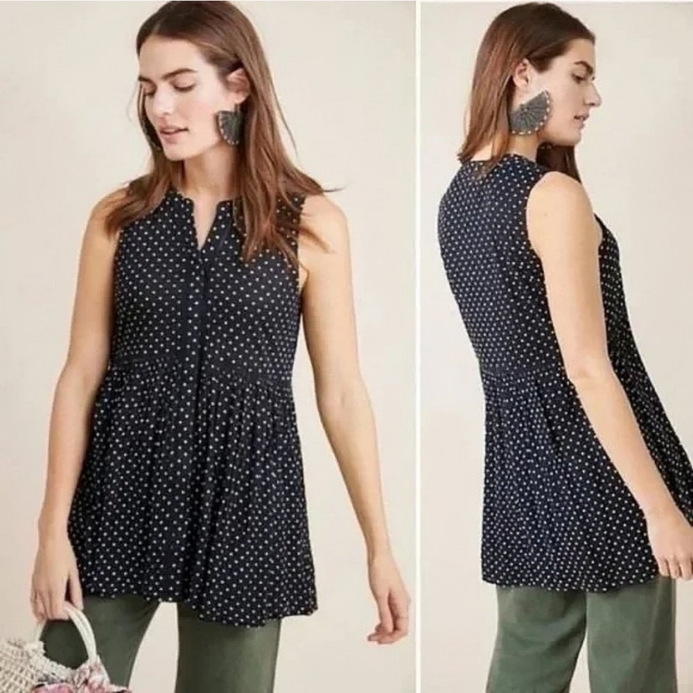 Anthropologie Black and White Polka Dot Sleeveless Tunic Top - Size XS